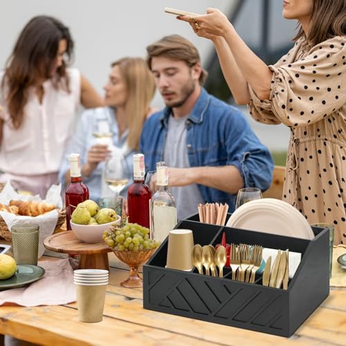 Ukonvi Paper Plate Dispenser, Paper Plate Holder for Kitchen Counter, Wood Rustic Silverware Utensil Caddy, Cutlery Flat
