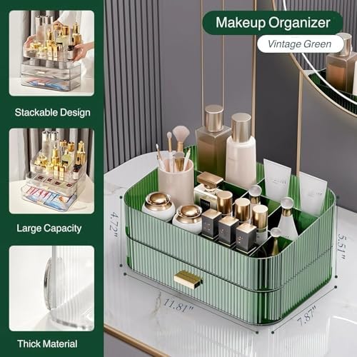 Makeup Organizer for Vanity, Large Desk Organizer with Stackable Drawer for Cosmetics, Skincare, Lipsticks, Eyeshadow Pa
