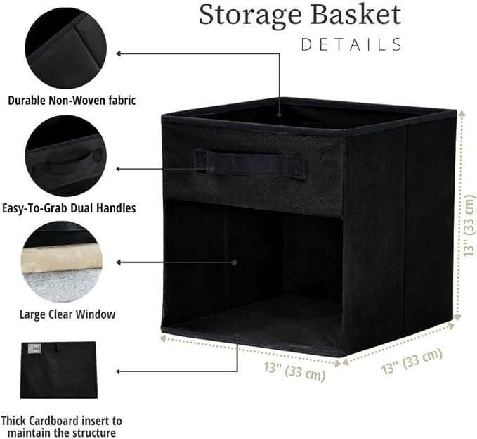 DECOMOMO Storage Bins, Cube Storage Bin with Window | 13" Cube, 6 Pack, Fabric Storage Cubes for Shelves (Black)
