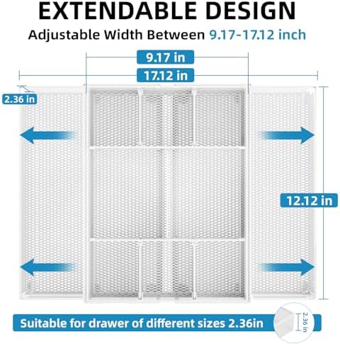 Marbrasse Expandable Desk Drawer Organizer, Mesh Drawer Organizer Tray with 10 Adjustable Compartments, Desk Organizers and Accessories, 5 Dividers Drawer for Office Supplies, Makeup & Vanity (White)