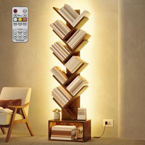 Hoctieon 9 Tier Tree Bookshelf, Tall Bookcase, Freestanding Book Shelf with LED Lights, Display Floor Standing Storage S
