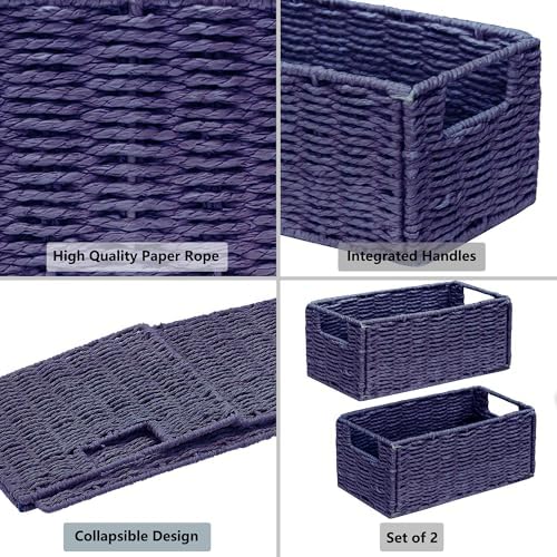 Vagusicc Wicker Storage Basket, Set of 2 Hand-Woven Paper Rope Wicker Basket, Small Storage Baskets for Organizing Toile
