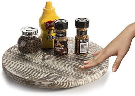 MyGift 12.8 Inch Round Rustic Torched Wood Lazy Susan Spinning Turntable Tray, Rotating Wooden Countertop Spice Rack, Ki