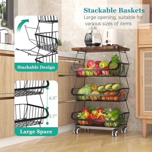 CHLORYARD Fruit Basket with Wooden Lid for Kitchen, 4-Tier Stackable Wire Fruit Vegetable Storage Basket Organizer Stand