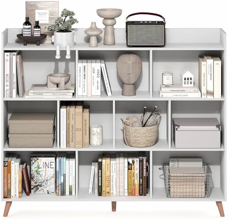 Furinno Claude Book Shelf, 10-Cube Mid Century Style Bookshelf, Bookcase, Storage Organizer with Wood Legs, 9.4" x 55.1"
