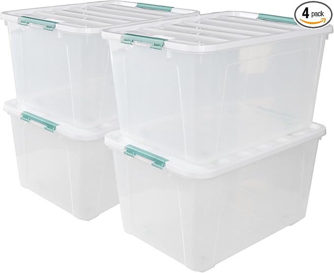Gloreen Large Organizing Bin with Wheel, 4 Packs, 85 Quart Plastic Lidded Storage Box