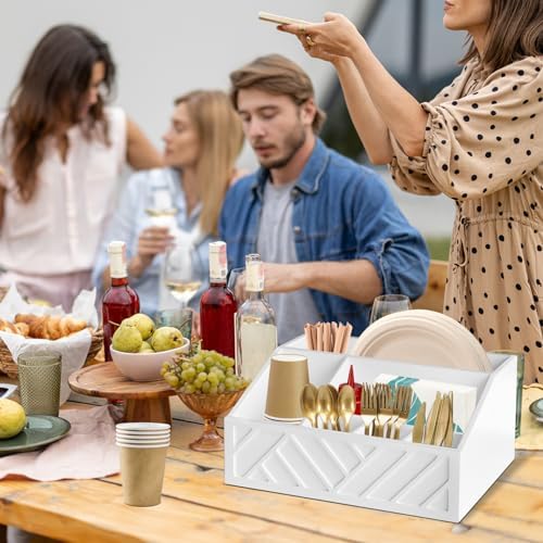 Ukonvi Paper Plate Dispenser, Paper Plate Holder for Kitchen Counter, Wood Rustic Silverware Utensil Caddy, Cutlery Flat