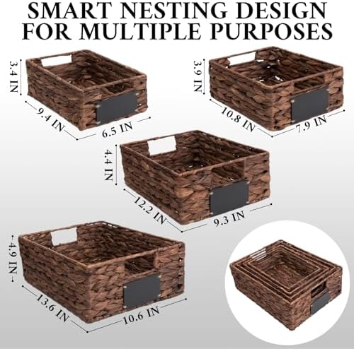 Set of 4 Sizes Hand-Woven Pantry Shelf Baskets, Hyacinth Storage Baskets with Chalkboard Labels & 2 Chalk Markers, Wicke