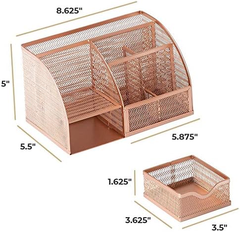 BLU MONACO Rose Gold Mesh Metal Desk Organizer with Drawer – 6 Compartments for Office Supplies & Accessories