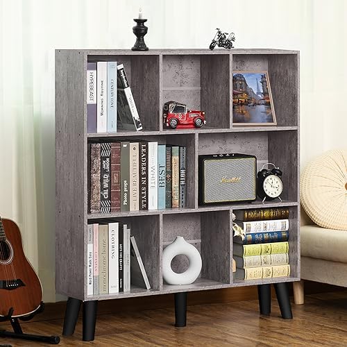 LEYAOYAO 8 Cube Bookshelf,Mid-Century Modern Bookcase with Legs,Dirty Grey