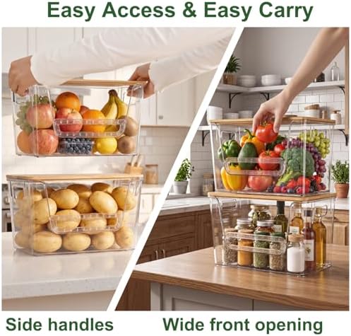 FUSHITON 2 Set Pantry Organizers, Clear Trash Bag Holder with Bamboo Lids