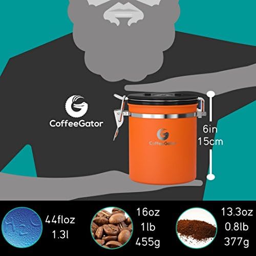 Coffee Gator Coffee Canister, 16oz Airtight Stainless Steel Container