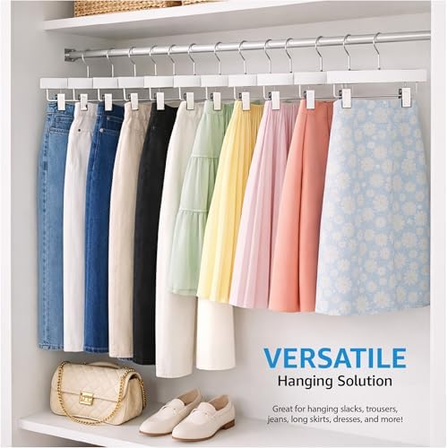 ZOBER Wooden Pants Hangers with Clips, Clothes Hangers, White, 10 Pack