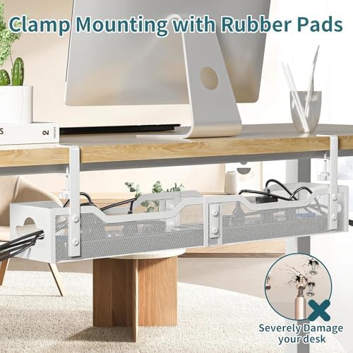 Under Desk Cable Management Tray 32'', Cable Management Under Desk No Drill, Cable Organizer with Clamp for Wire Managem