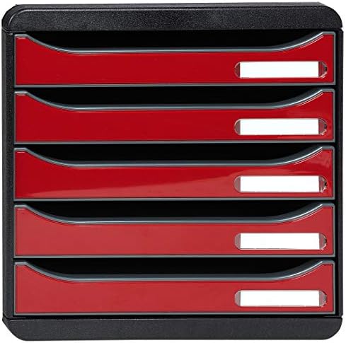 Exacompta - Ref 3097218D - BIG-BOX PLUS Desktop Drawer Set - 5 x 43mm Drawers, Suitable for A4+ Documents, 347 x 278 x 271mm, 100% Recycled Plastic - Black/Glossy Dark Red