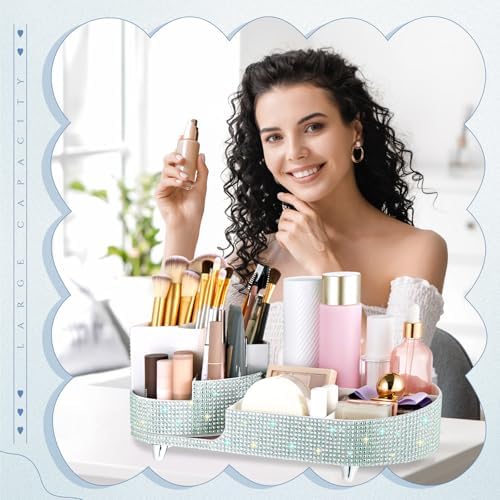 Rotating Makeup Organizer Vanity, Silver, Rhinestone