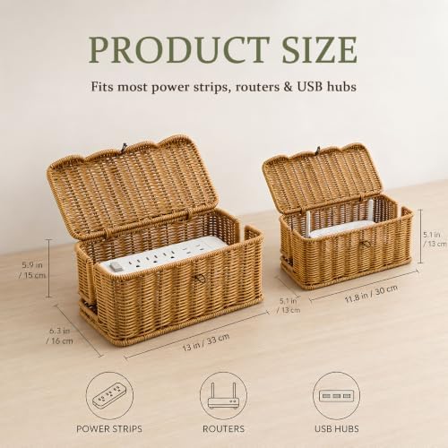 2 Pack Rattan Cable Management Box for Power Strip with 2 Exits