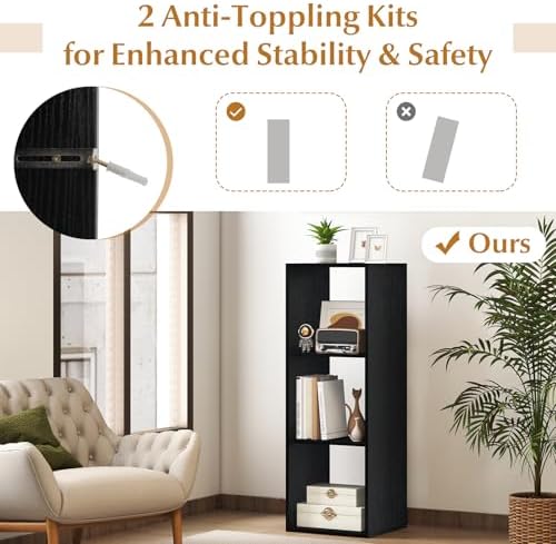 Tangkula 3-Cube Bookcase, 4-Tier Bookshelf with Open Compartments, Freestanding Cube Storage Organizer with Anti-Topplin