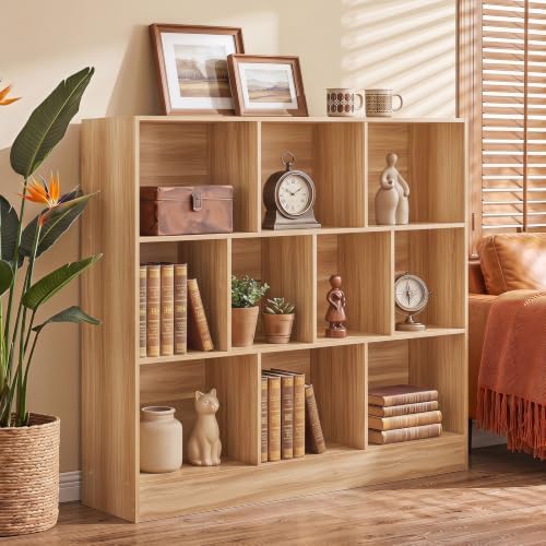 YAHARBO 3 Tier 10 Cube Long Horizontal Bookshelf,Under Window Shelf,Natural