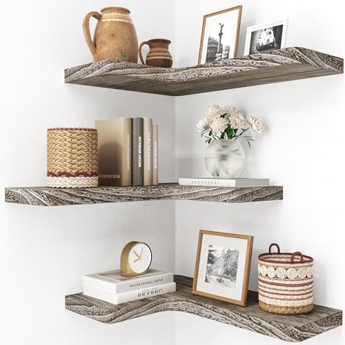 fuqing Floating Corner Shelves, Wall Shelf Set of 3, Shelves for Wall Storage, Solid Wood Shelves for Storage, Wall Moun