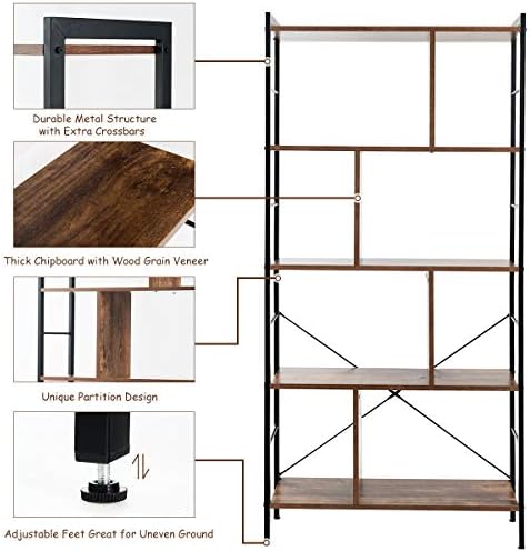 Giantex 5-Tier Bookshelf, Industrial Style Bookcase with Metal Frame, Free Standing Storage Display Shelves, Home Office