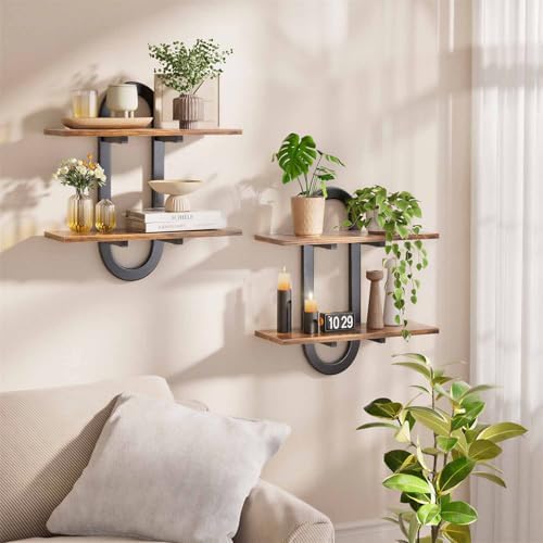 Arched Floating Shelves Set of 2, 15" Vintage Distressed Wall Mounted Shelves with Capsule Frame, Rustic Burnt Wood Hang