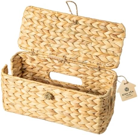 Wicker Cable Management Box with Lid, A Handwoven Water Hyacinth Cords Hider Box for TV, Computer, Router, USB Hub to Hi