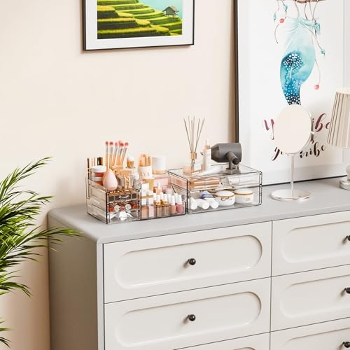 Yieach 2 Pack Clear Makeup Organizer Countertop for Dresser,Vanity and Bathroom Counter Organizer,Tiered Stackable Makeu