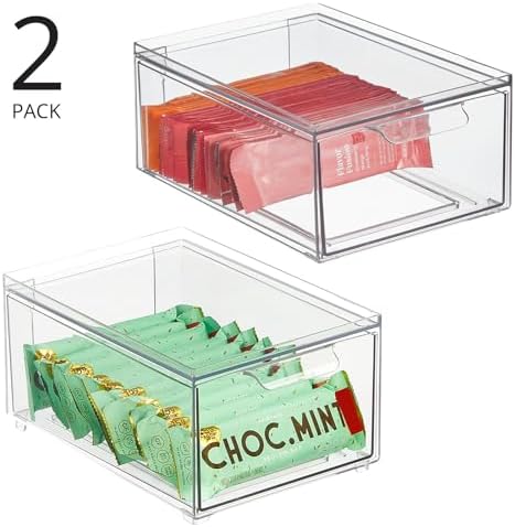 mDesign Stackable Storage Containers Box with Pull-Out Drawer - Stacking Plastic Drawers Bins for Kitchen Pantry and Cup