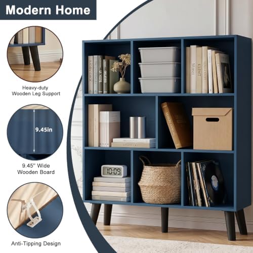 YAHARBO 8 Cube Bookshelf,3 Tier Bookcase with Legs,Dark Blue Mid-Century Modern Bookshelves,Large Free Standing Open Sto
