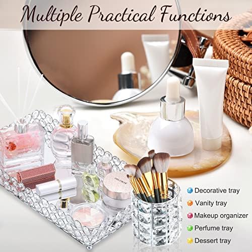Potchen 3 Pcs Crystal Vanity Tray Mirrored Makeup Brush Holder, Square