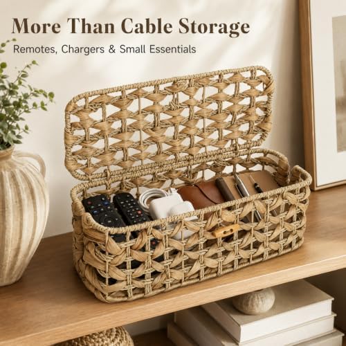 Handwoven Cable Management Box with Lid, Decorative Cord Organizer Basket for Power Strip, Charger, Router and USB Hub, 