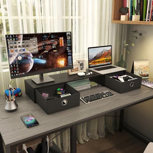 WESTREE Dual Monitor Stand Riser with Two Drawers, Extra Large Storage Monitor Stand for 2 Monitors, Desktop Oraganizer 