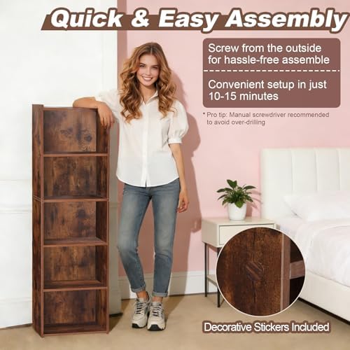 Nouva 5-Tier Bookcase, Freestanding Wood Open Bookshelf Storage Rack for CDs Movies Books, Book Organizer Shelves for Be