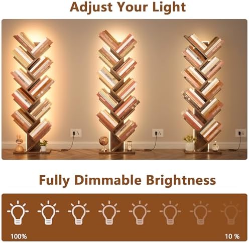 Hoctieon 10 Tier Tree Bookshelf with LED Light, Small Bookcase, Freestanding Book Shelf, Display Floor Standing Storage 