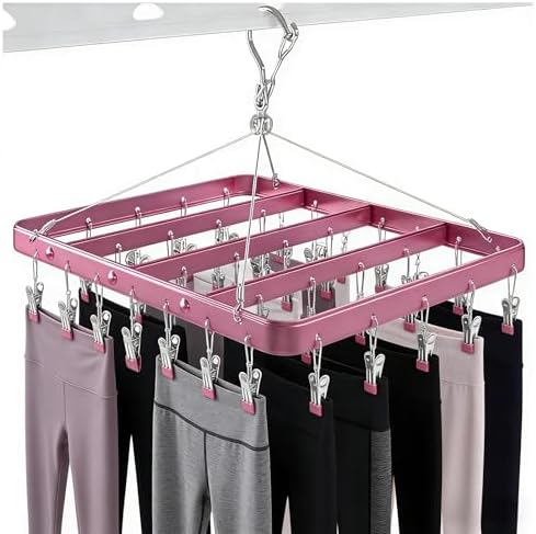 Pants Hangers Clothes Drying Racks Clip Hangers Metal with 36 Clips Windproof Underwear Hanger Foldable Laundry Clip for Jeans Yoga Leggings Trousers Socks Bras (Pink)