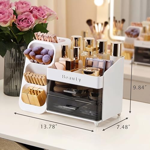 Makeup Organizer for Vanity with Brush Holder, Countertop Makeup organizer with Drawers for Skincare, Cosmetics, Perfume