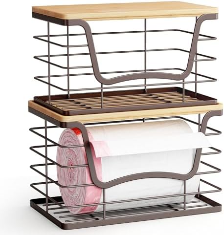 ALOCEO 2 Pack Stackable Wire Storage Basket with Bamboo Lid, Stainless Steel Extra Large Trash Bag Dispenser Roll Holder