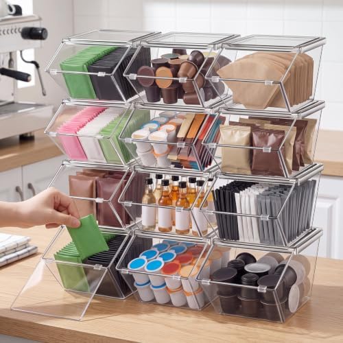 Yerliker 12 Pcs Clear Plastic Storage Bins with Lids Stackable Pantry Storage Organizer Kitchen Cabinet Organizers Ideal