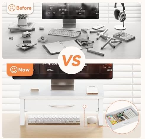Desk Organizers and Accessories, Computer Monitor Stand Riser with Drawer, White Laptop Stand for Desk with Storage, Off