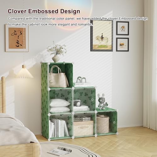 C&AHOME Clover Embossed Storage Organizer with Doors 6-Cube Shelf Green
