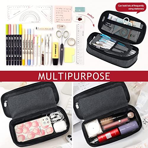 KPX Big Capacity Pencil Pen Case Bag with Zipper Office College School Storage Large Capacity Bag Pouch Holder Box Organizer Colorful (Black)