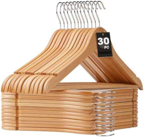 Korpai 30 Pack Wooden Hangers,Wooden Clothes Hangers with Smooth Pant Bar and Shoulder Notches,Heavy Duty Hangers with 360-Degree Rotatable Hook, Coat Hangers for Coats,Shirts,Dress,Pants,Natural
