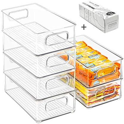 Stackable Refrigerator Organizer Bins, 6 Pack Clear Kitchen Organizer Container Bins with Handles and 20 PCS Plastic Bag