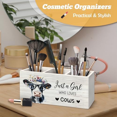 Cow Inspirational Pen Holder Organizer for Desk Accessories, Just a Girl Who Loves Cows Farmhouse Wooden Box Sign Desk Decorations for Home Classroom Dorm Office Tabletop Decor