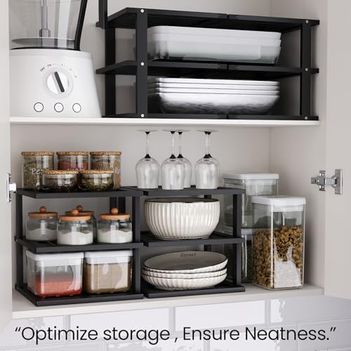 4 Pack Bamboo Corner Shelf,3 Tier Kitchen Cabinet Organizer for Plates and Dishes,Pantry Storage and Spice Rack（Black）