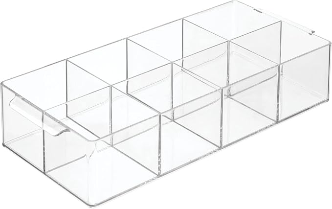 mDesign Plastic Condiment Organizer and Tea Bag Holder - 8-Compartment Kitchen Pantry/Countertop Storage Caddy - Divided Chip, Snack, Oatmeal Packet Holder - Lumiere Collection - Clear