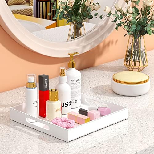 NIUBEE Acrylic Serving Tray 12x12 Inches -Spill Proof- White Decorative Tray Organiser for Ottoman Coffee Table Countert