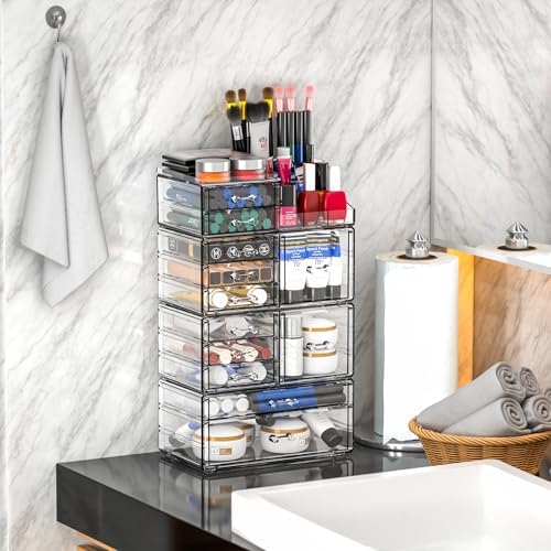 Acrylic Clear Make up Organizers And Storage for Vanity,Bathroom Skincare Organizer With 12 Drawer for Dresser,Plastic D