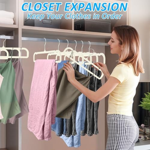 Pants Hangers Non Slip, 30 Pack Velvet Hanger for Closet with 30 Hooks, Strong Durable Space Saving Slim Pants Hanger, Ultra Thin & Space Saving Flocked Hangers for Pants/Shirts/Shorts/Bra (Cream)